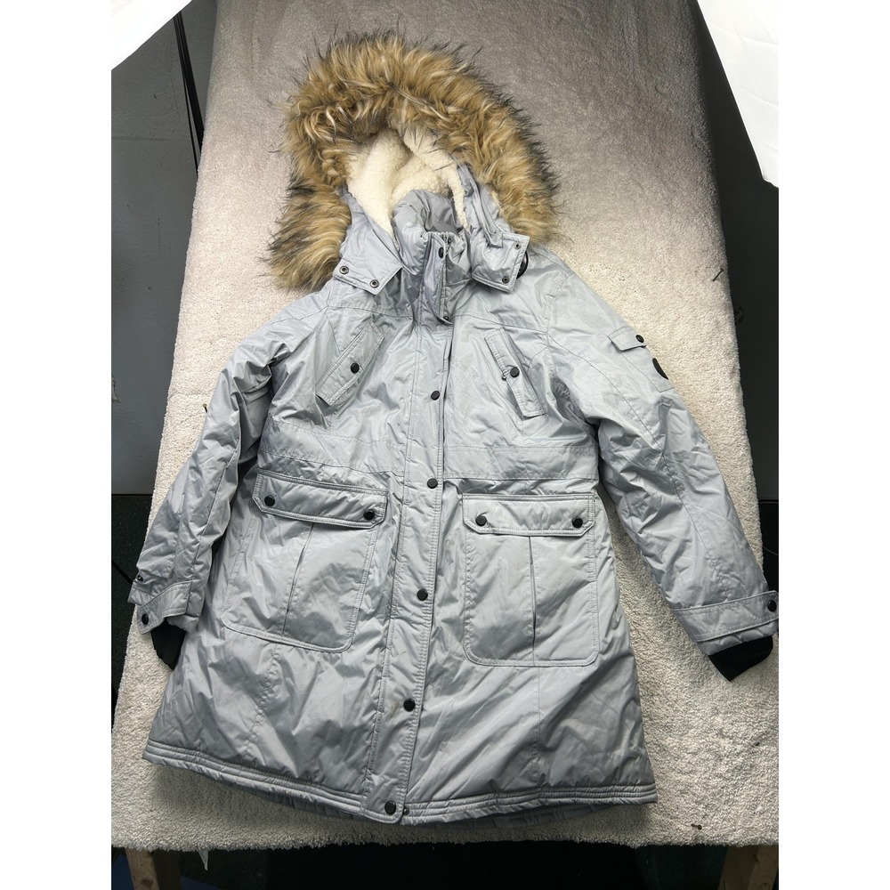 Madden Girl Coat Juniors XL Gray Faux Fur Hooded Parka Zip Pockets Winter